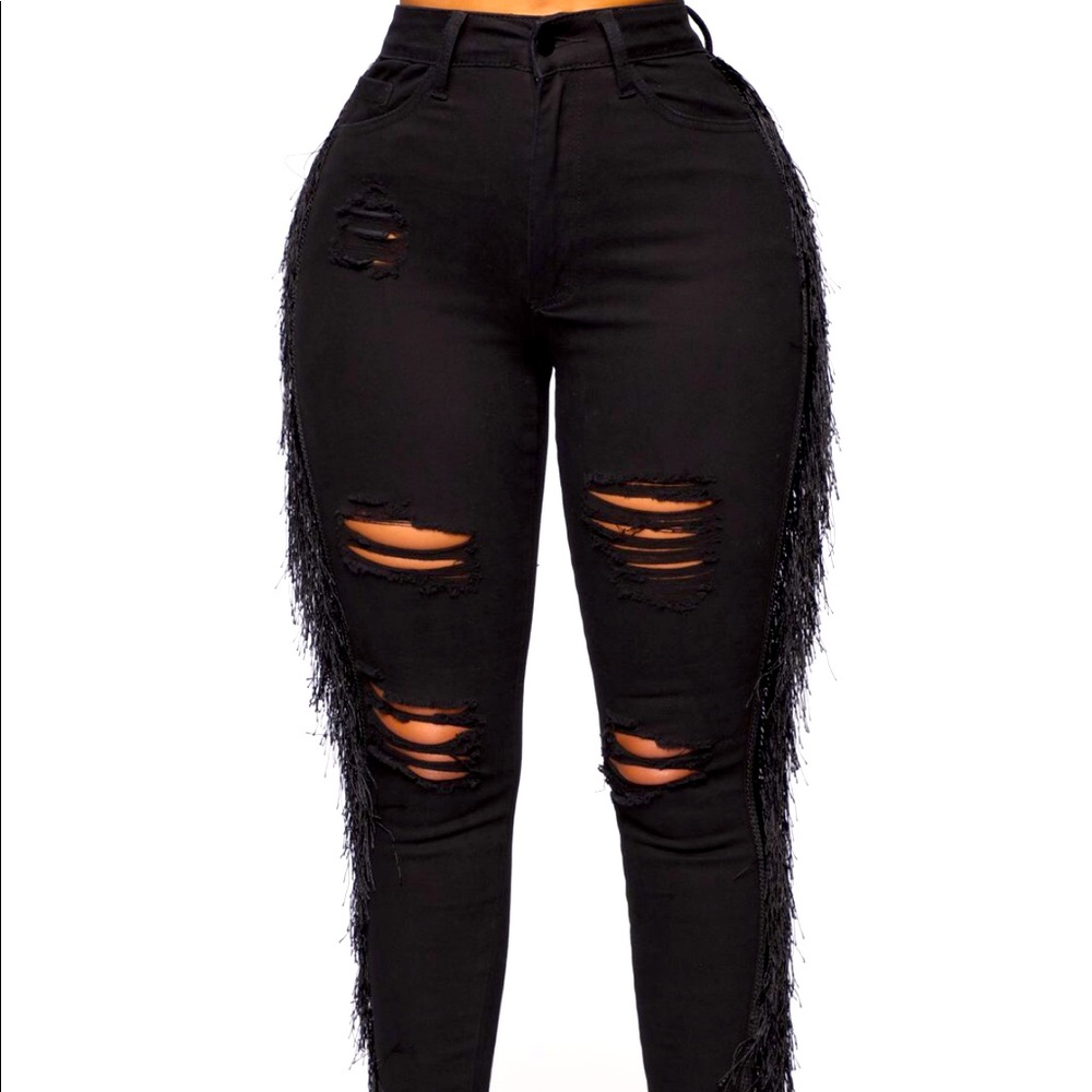 Fringe black high waisted jeans